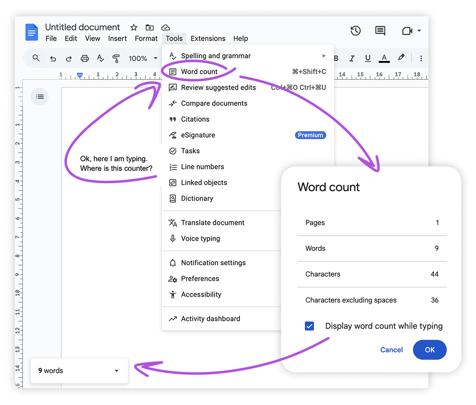 Google Docs sul contatore di parole